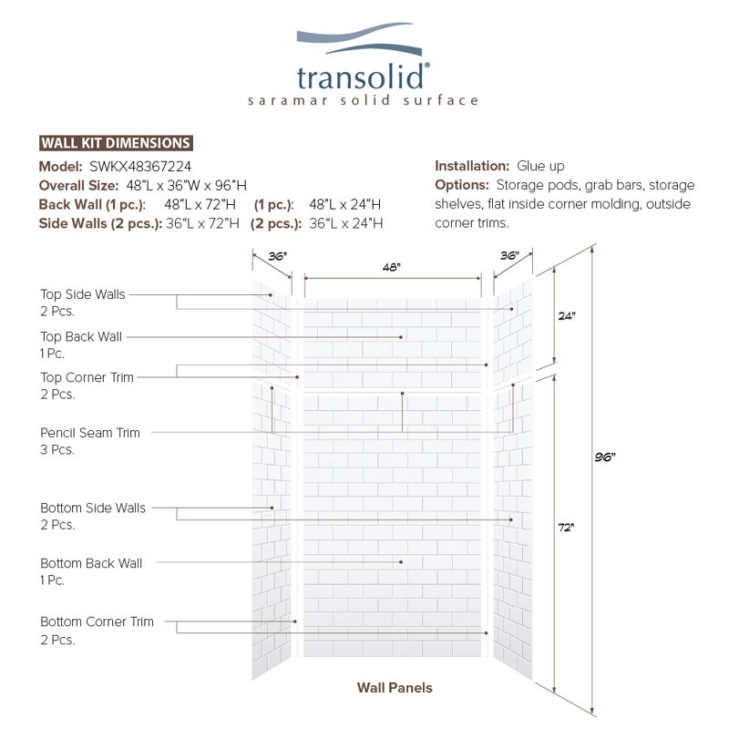 SaraMar White Subway Tile 48" x 96" Shower Wall Kit