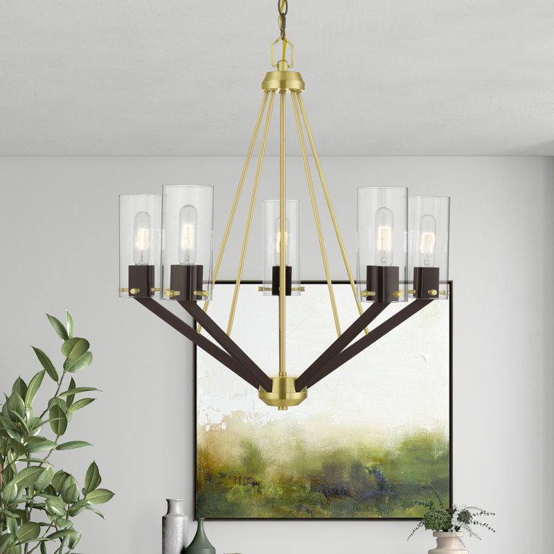 Satin Brass and Bronze 5-Light Mid-Century Modern Chandelier