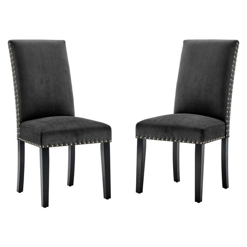 Charcoal Velvet Upholstered Parsons Side Chair with Nailhead Trim