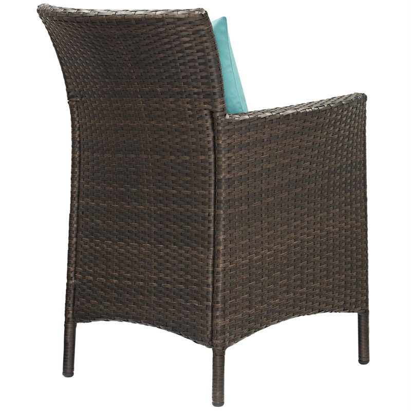 Brown and Turquoise Wicker Rattan Outdoor Dining Chairs, Set of 2