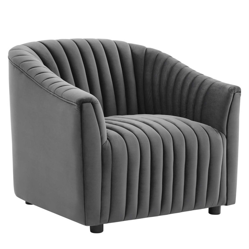 Charcoal Gray Velvet Channel Tufted Armchair with Wood Accents