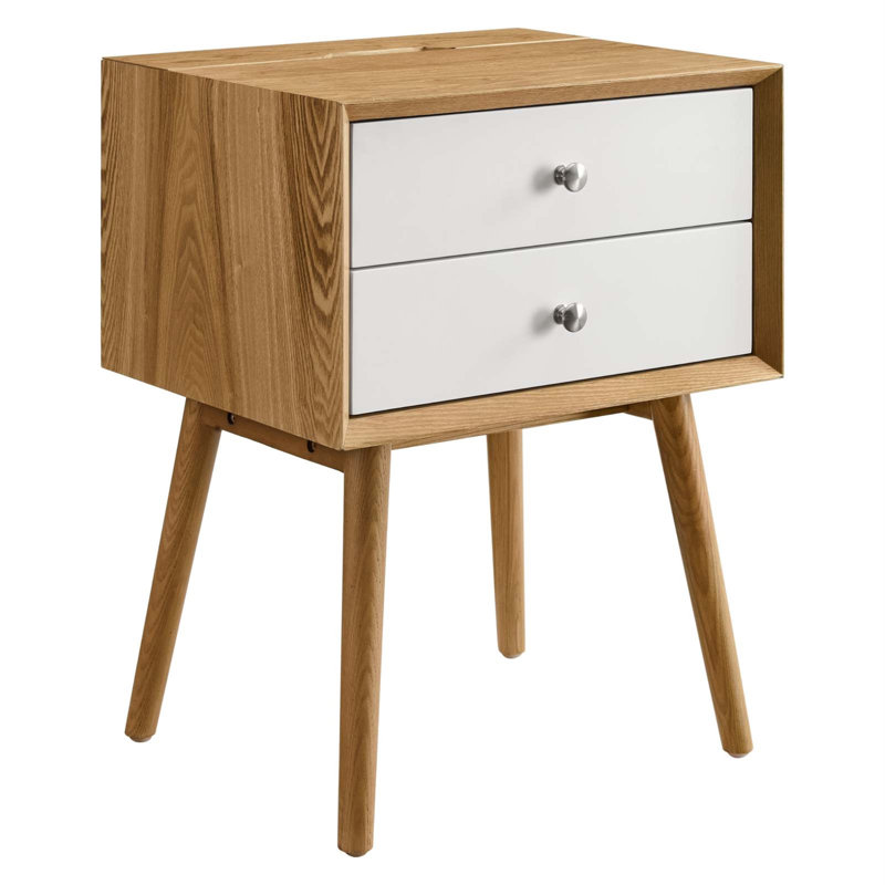 Mid-Century Modern 2-Drawer Nightstand with USB Ports in Natural White