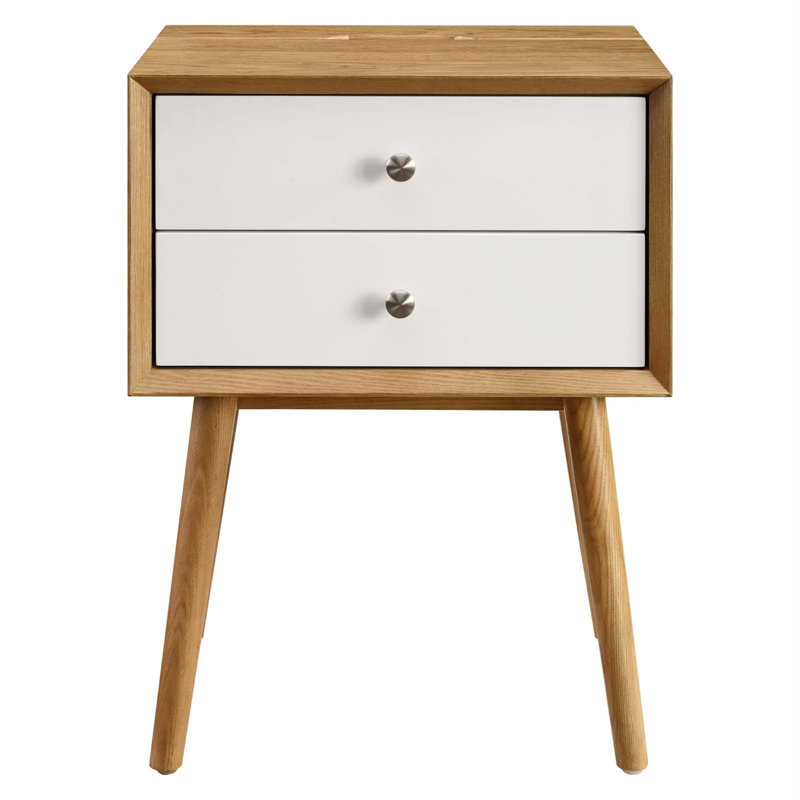 Mid-Century Modern 2-Drawer Nightstand with USB Ports in Natural White
