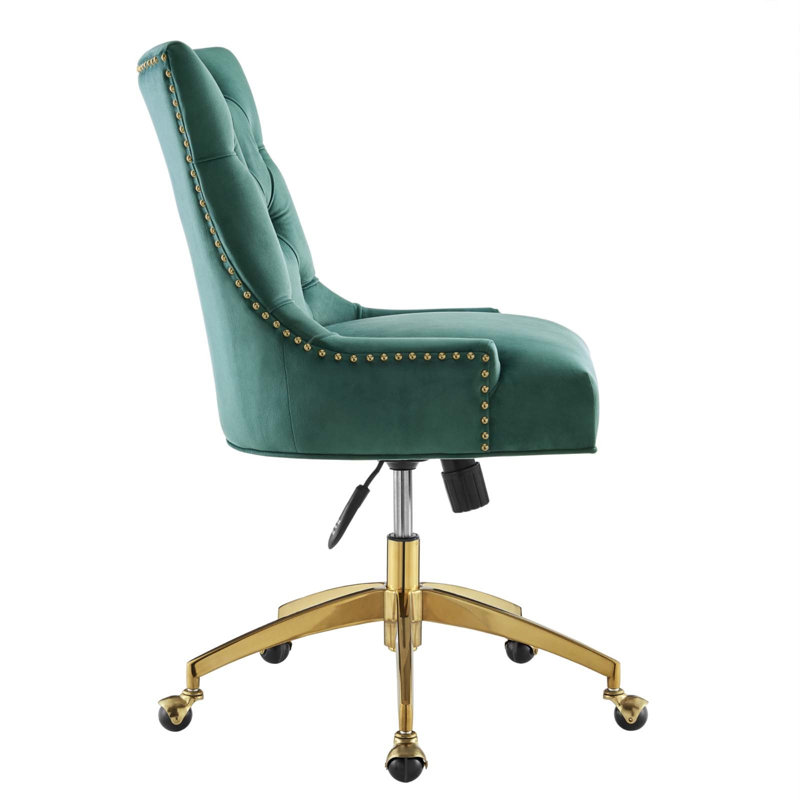 Teal Velvet Tufted Swivel Office Chair with Gold Base
