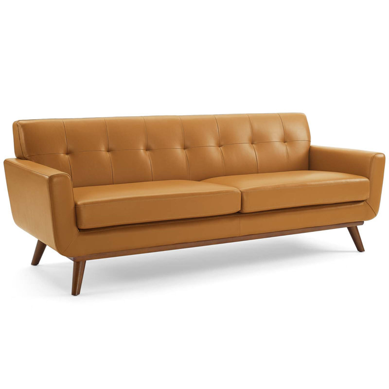 Tan Genuine Leather Tufted Sofa with Wood Legs