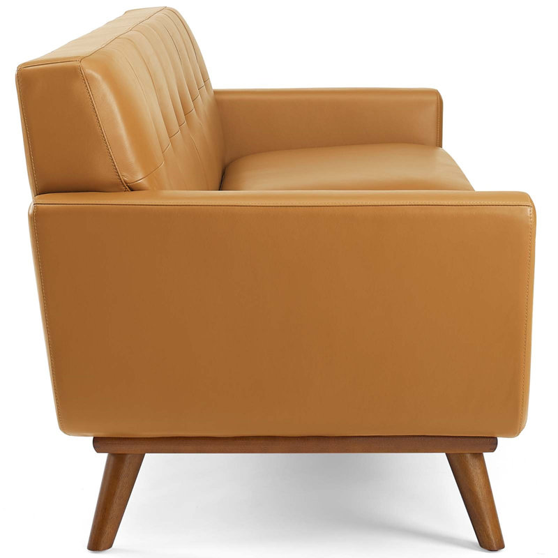 Tan Genuine Leather Tufted Sofa with Wood Legs