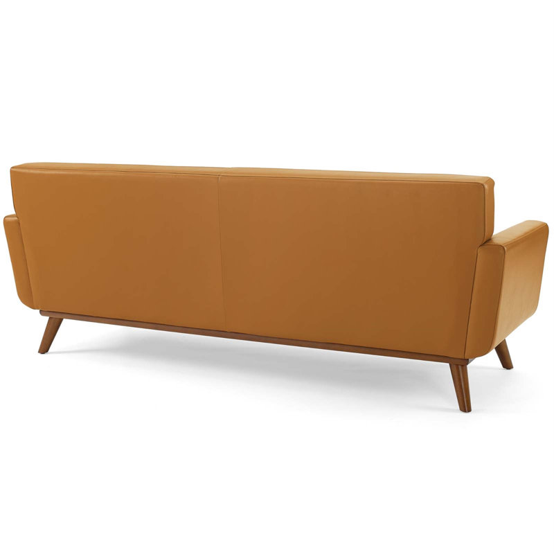 Tan Genuine Leather Tufted Sofa with Wood Legs