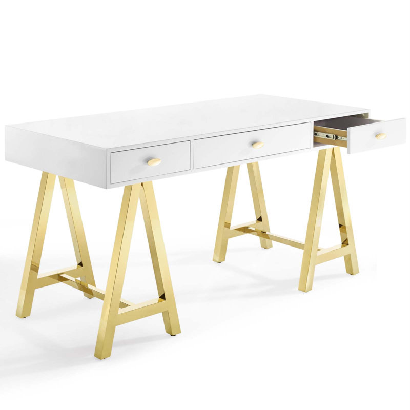 Sleek Gold & White Retro Modern Office Desk with Drawers