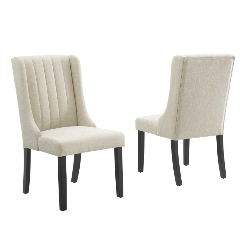 Beige Velvet Upholstered Parsons Side Chair with Wood Legs