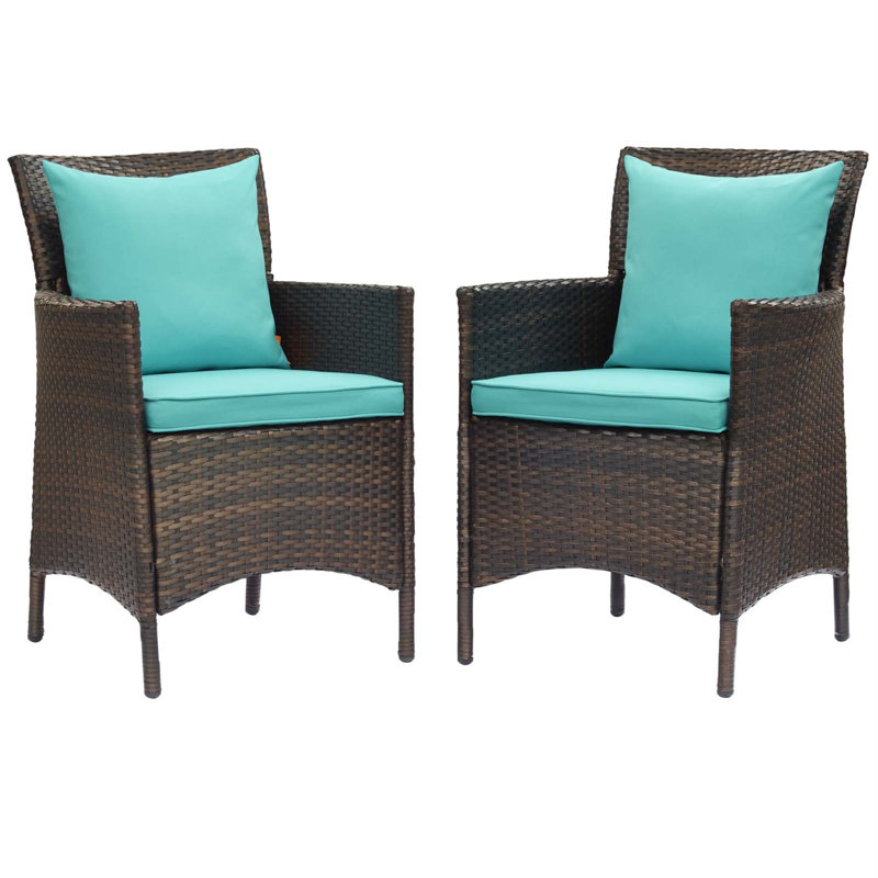 Brown and Turquoise Wicker Rattan Outdoor Dining Chairs, Set of 2