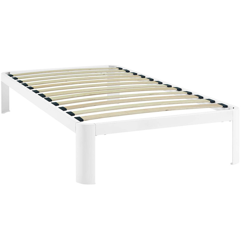 Sleek White Twin Metal Frame Bed with Wood Slats