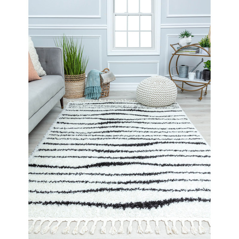 Black and White Abstract Shag Rectangular Rug 8' x 10'