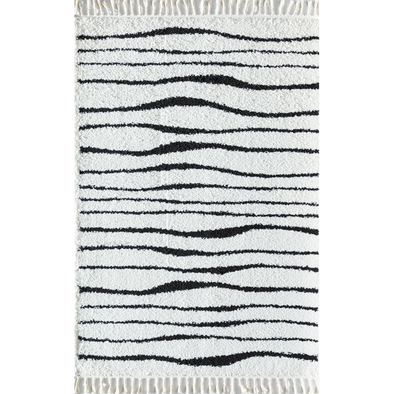 Black and White Abstract Shag Rectangular Rug 8' x 10'