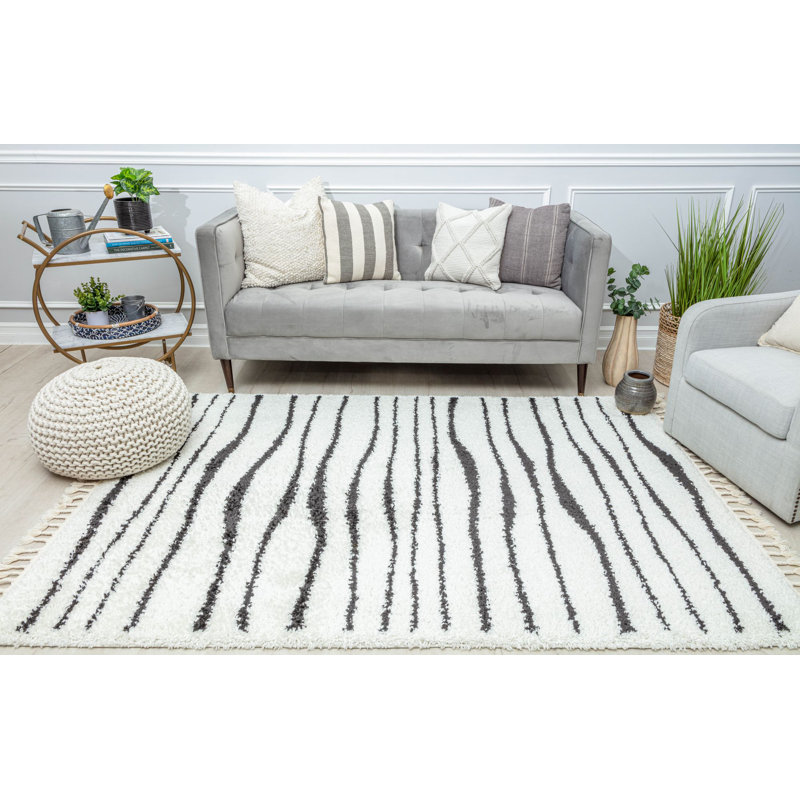 Black and White Abstract Shag Rectangular Rug 8' x 10'