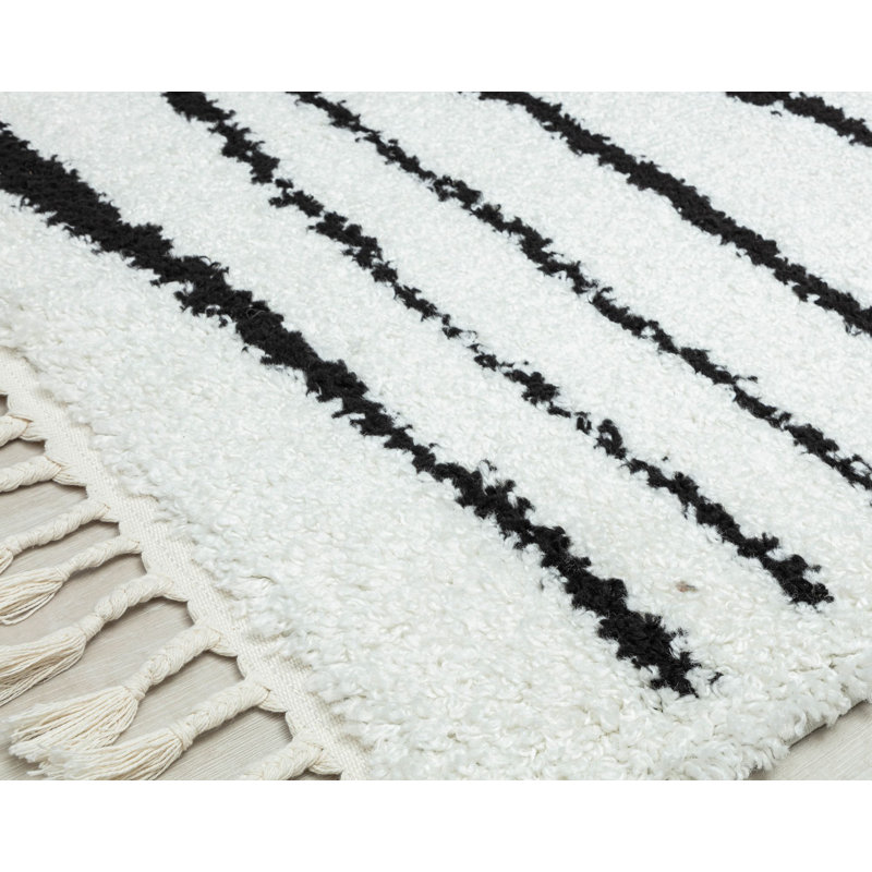 Black and White Abstract Shag Rectangular Rug 8' x 10'