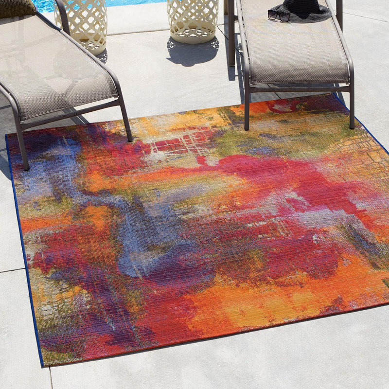 Vibrant Abstract Multi-Color 6' Square Outdoor Synthetic Rug