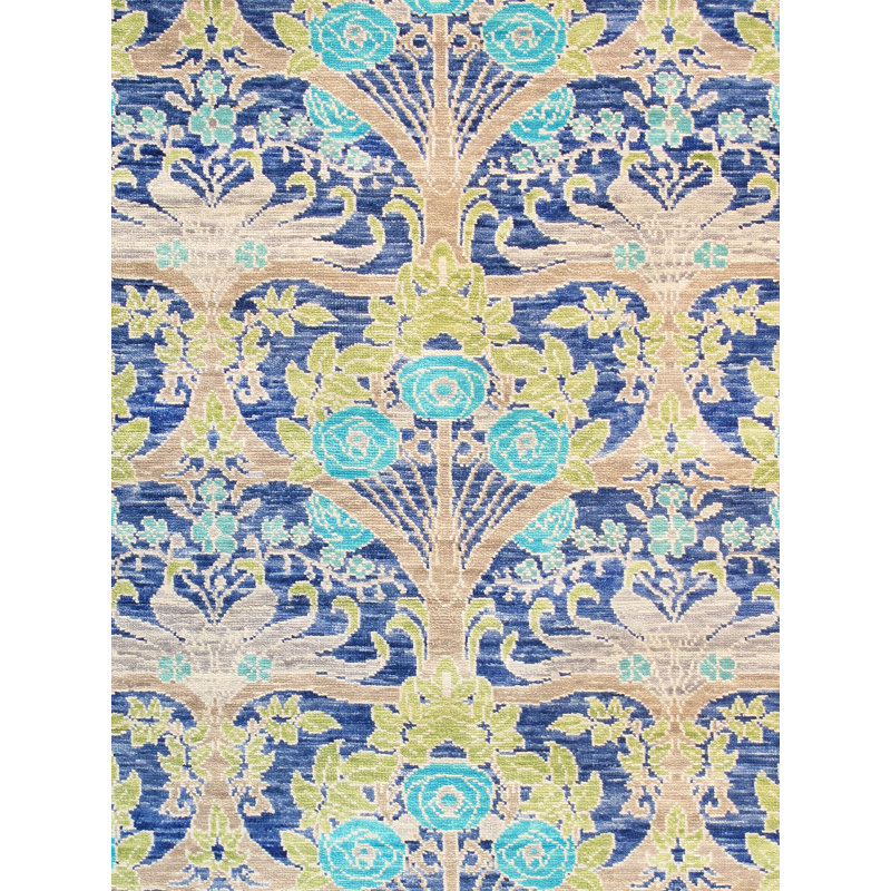 Elegant Oushak Hand-Knotted Blue Floral Wool Rug, 7'11" x 9'9"