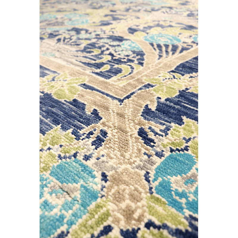 Elegant Oushak Hand-Knotted Blue Floral Wool Rug, 7'11" x 9'9"