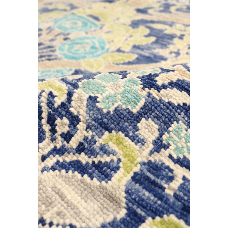 Elegant Oushak Hand-Knotted Blue Floral Wool Rug, 7'11" x 9'9"