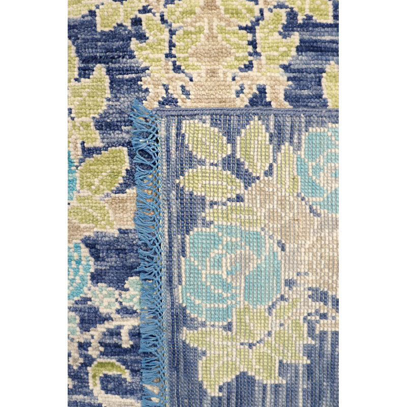 Elegant Oushak Hand-Knotted Blue Floral Wool Rug, 7'11" x 9'9"
