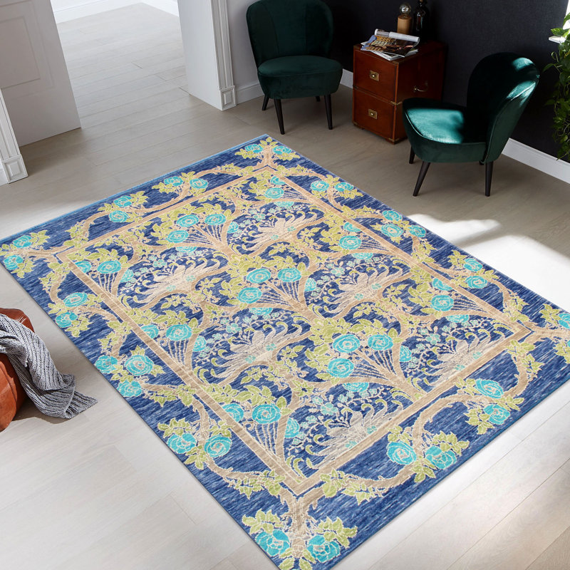 Elegant Oushak Hand-Knotted Blue Floral Wool Rug, 7'11" x 9'9"