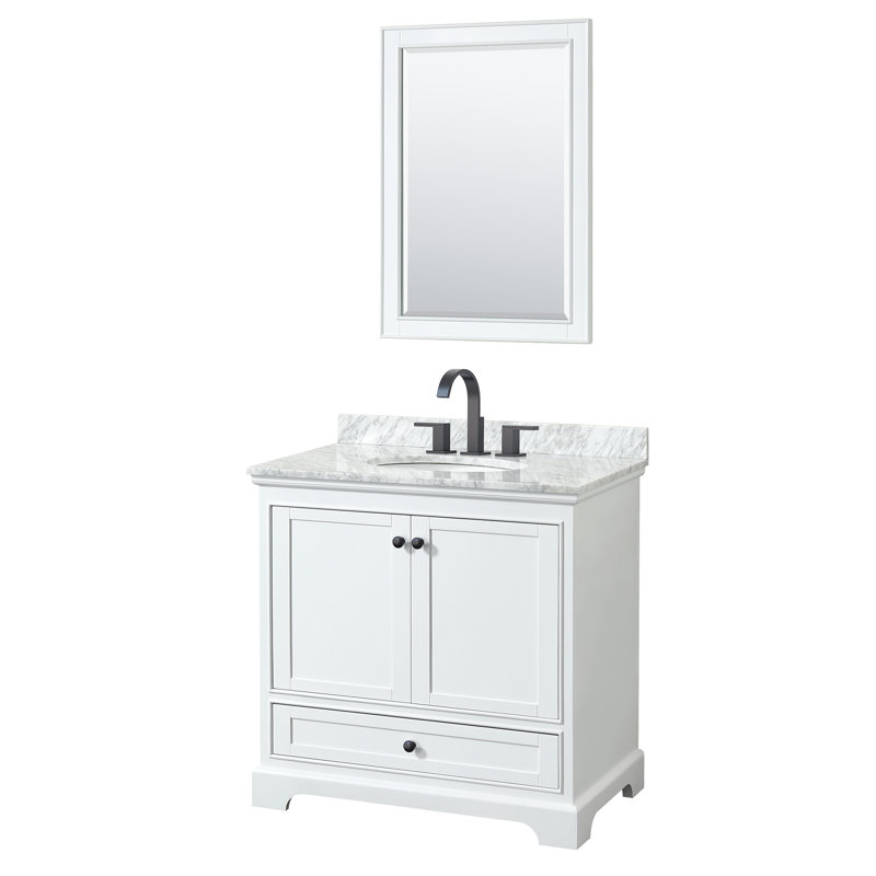 Deborah 36'' White Single Bathroom Vanity with Carrara Marble Top and Gold Trim