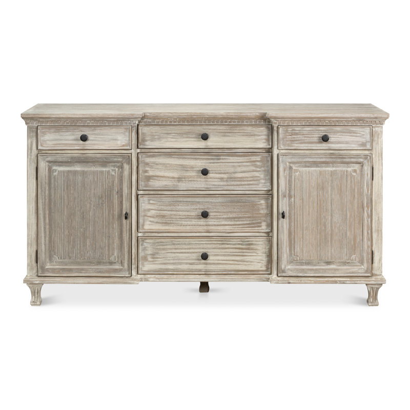 Gray Pine Solid Wood Sideboard with Drawers and Cabinets