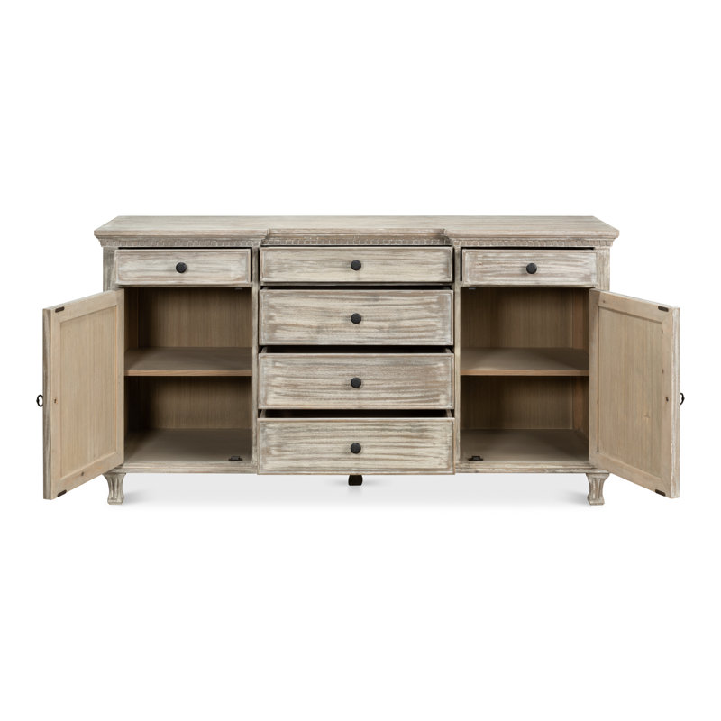 Gray Pine Solid Wood Sideboard with Drawers and Cabinets