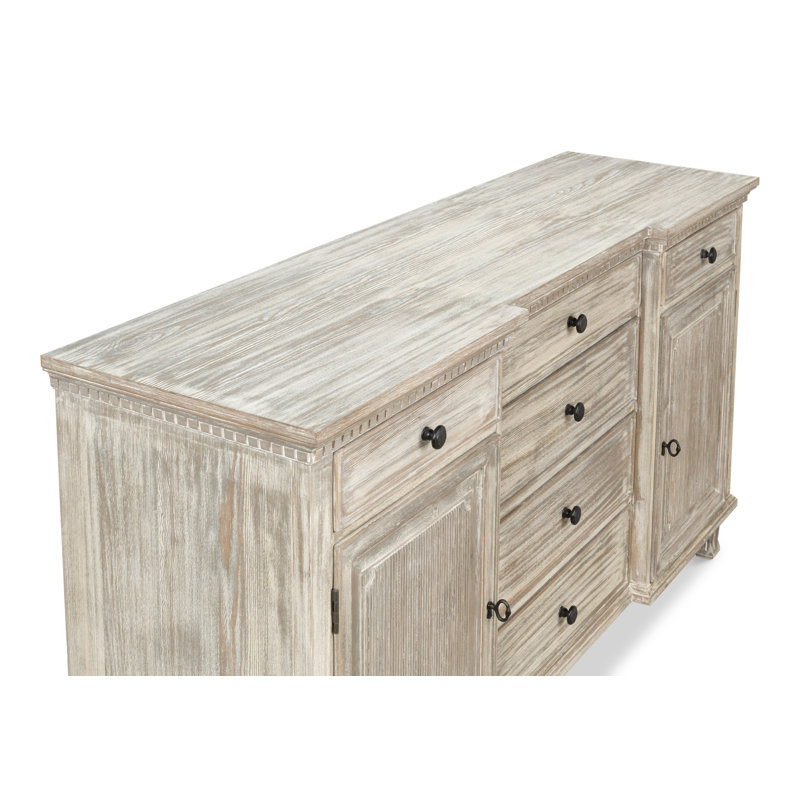 Gray Pine Solid Wood Sideboard with Drawers and Cabinets