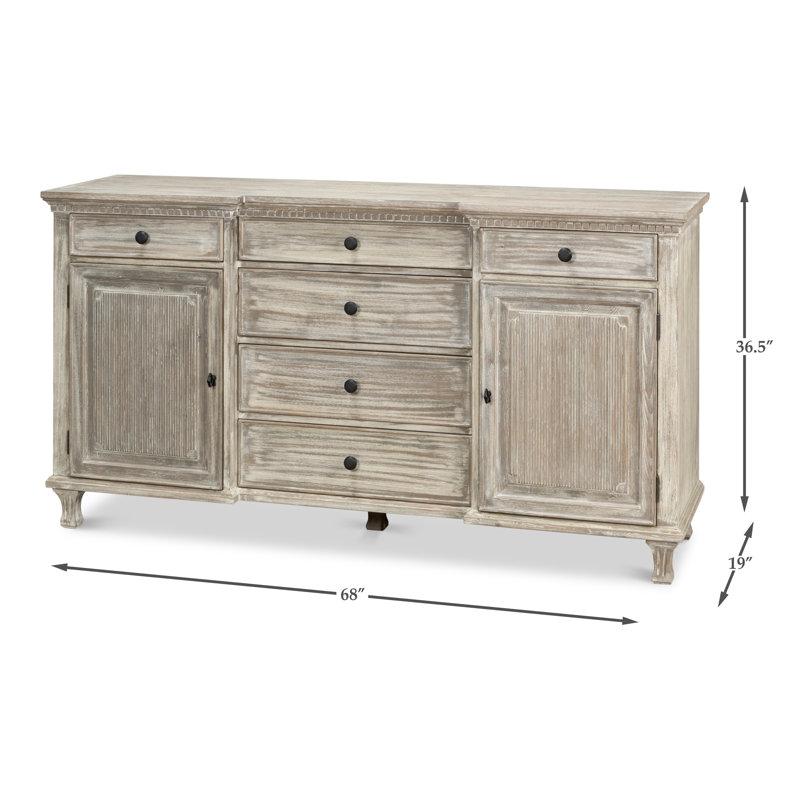 Gray Pine Solid Wood Sideboard with Drawers and Cabinets