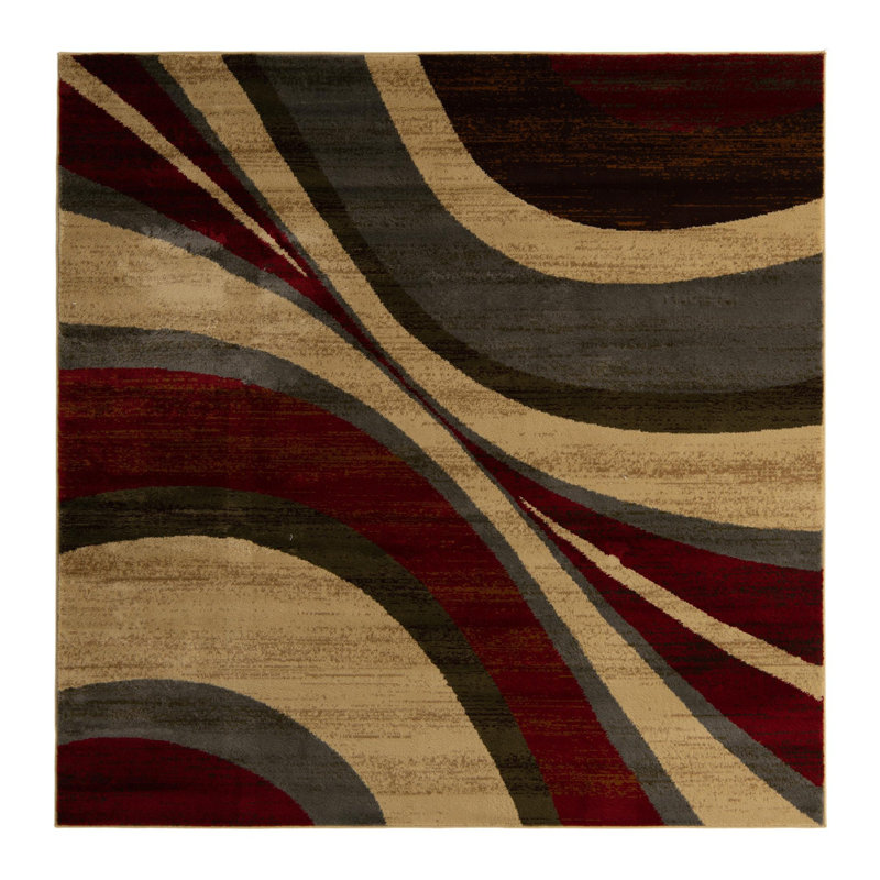 Square Beige and Red Abstract Synthetic Indoor Rug