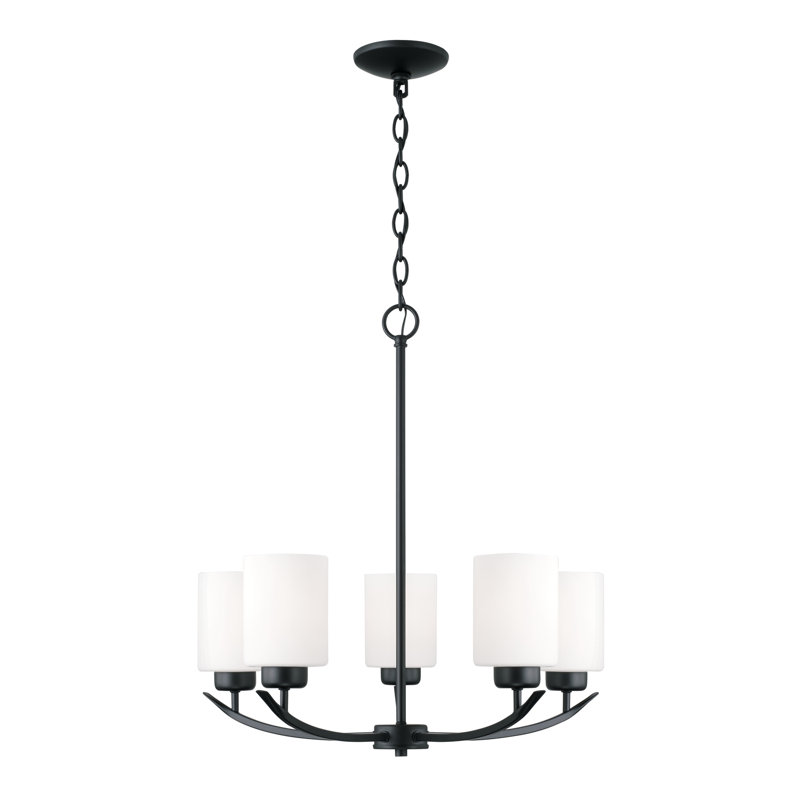 Matte Black 5-Light Chandelier with Soft White Glass Shades