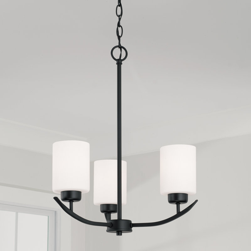 Mini Matte Black 3-Light Chandelier with Soft White Glass