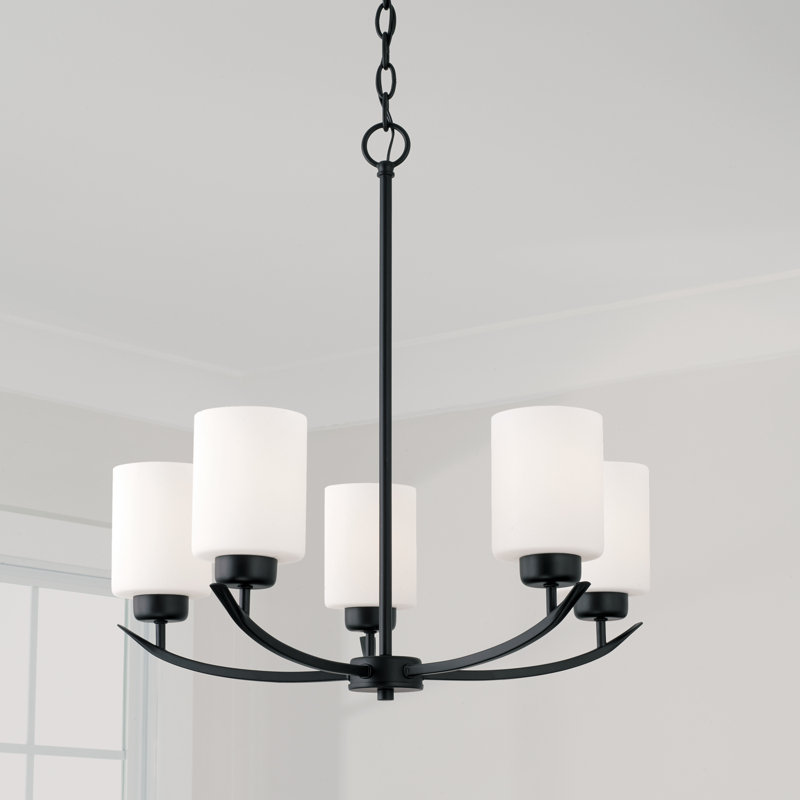 Matte Black 5-Light Chandelier with Soft White Glass Shades