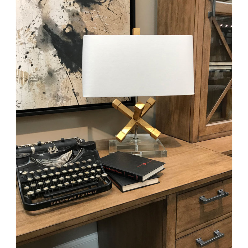 Distressed Gold and Chrome 18" Steel Shelf Lamp with Cream Linen Shade