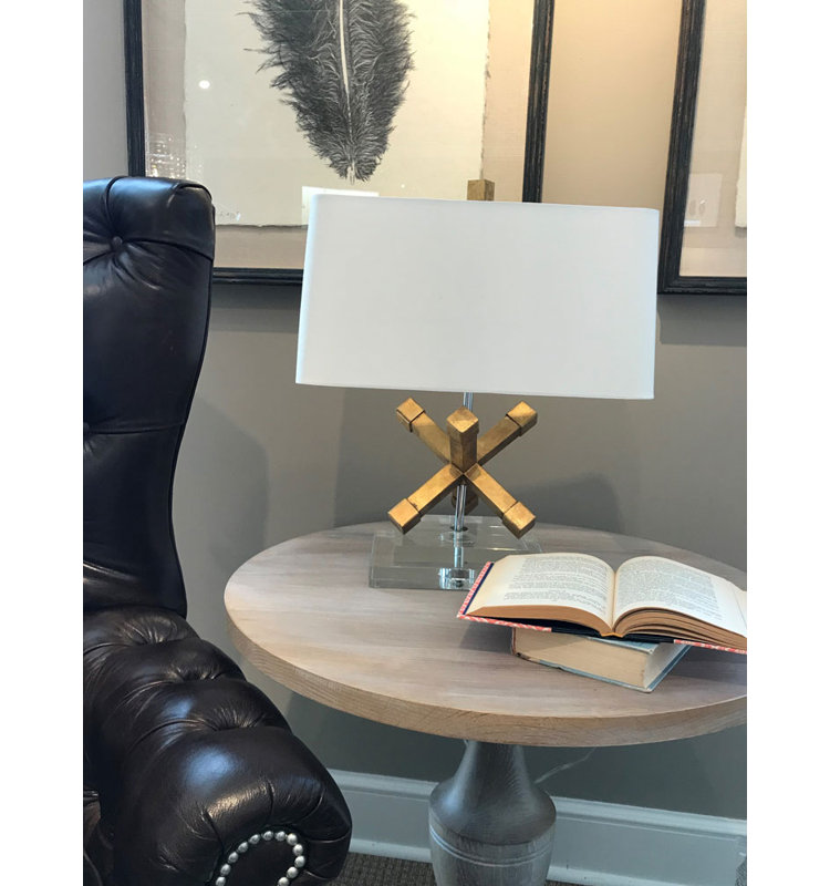 Distressed Gold and Chrome 18" Steel Shelf Lamp with Cream Linen Shade