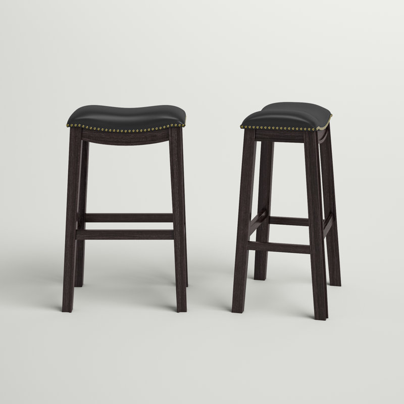 Adjustable Saddle Style Swivel Bar Stool in Black Leather and Wood