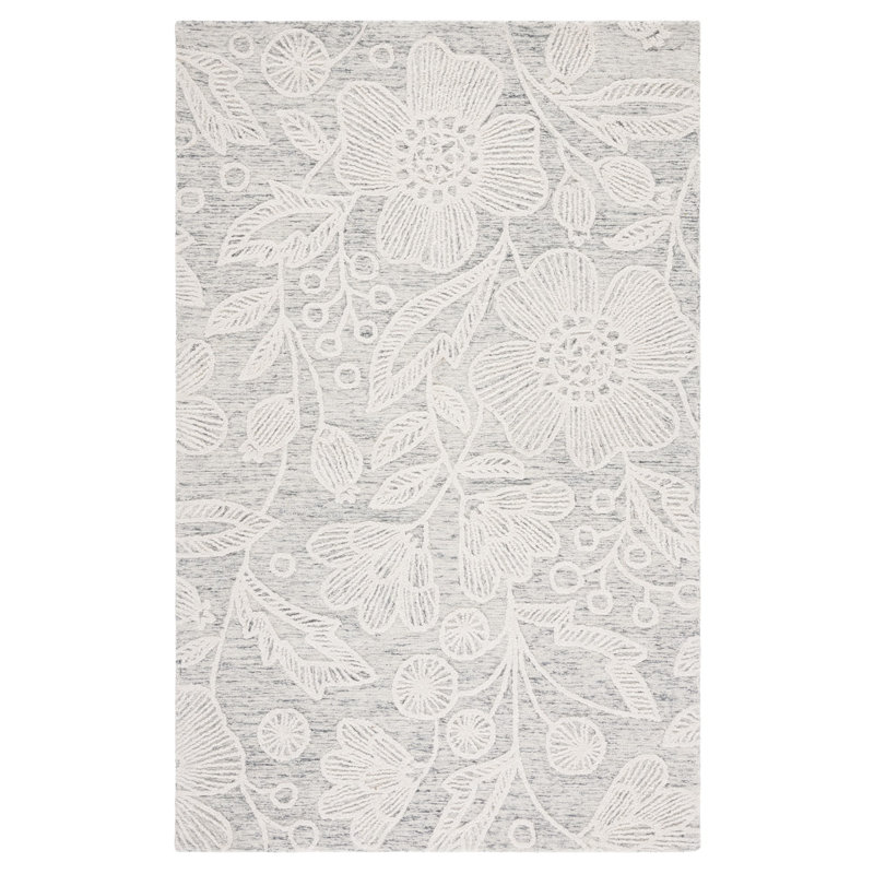 Grey and Ivory Floral Handmade Wool Area Rug 4' x 6'