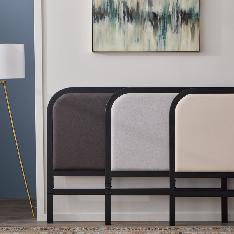 Charcoal King Metal Platform Bed with Rounded Upholstered Headboard