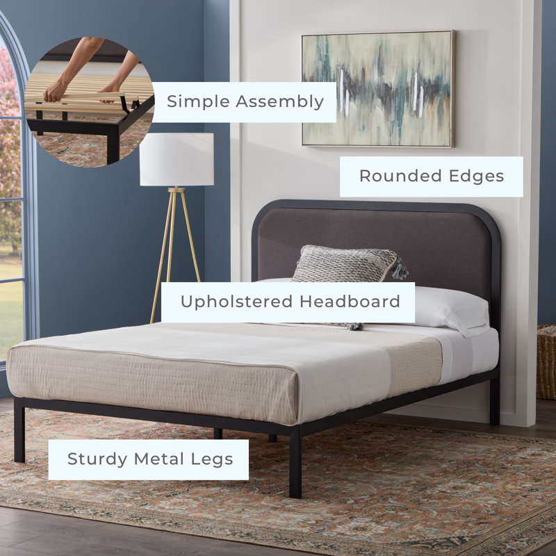 Charcoal King Metal Platform Bed with Rounded Upholstered Headboard