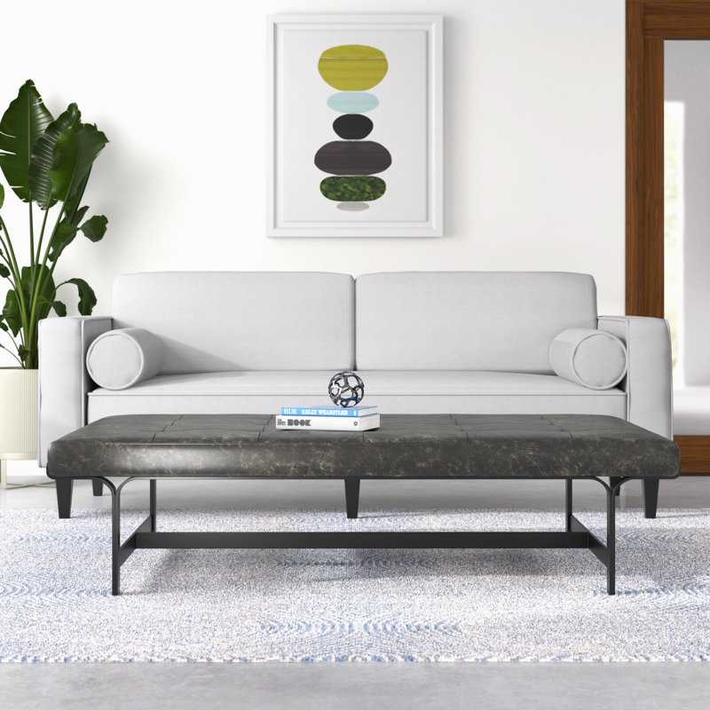 Ebony Leather and Metal Rectangular Coffee Table
