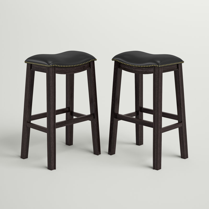 Adjustable Saddle Style Swivel Bar Stool in Black Leather and Wood