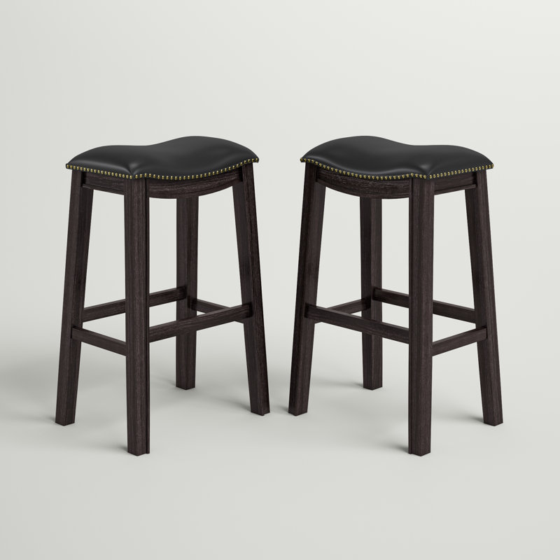 Adjustable Saddle Style Swivel Bar Stool in Black Leather and Wood