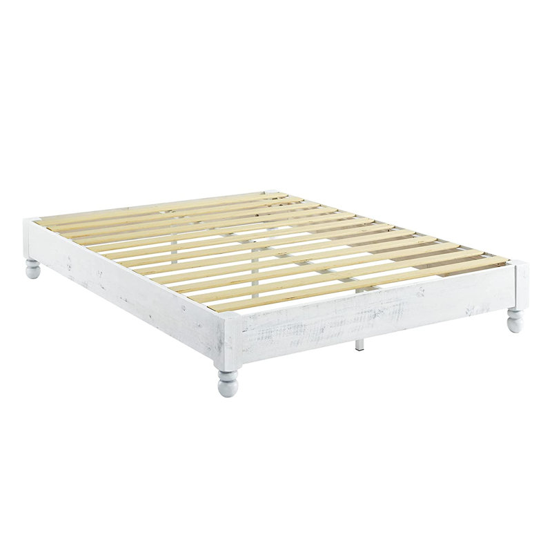King-Sized Whitewashed Pine Wood Rustic Platform Bed with Upholstered Headboard