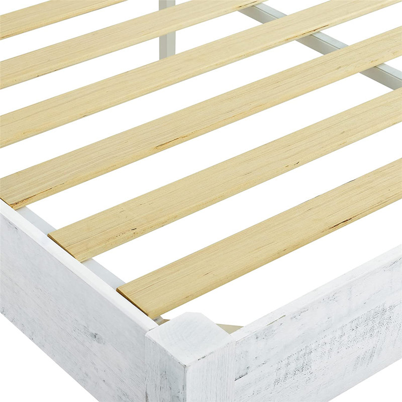 King-Sized Whitewashed Pine Wood Rustic Platform Bed with Upholstered Headboard