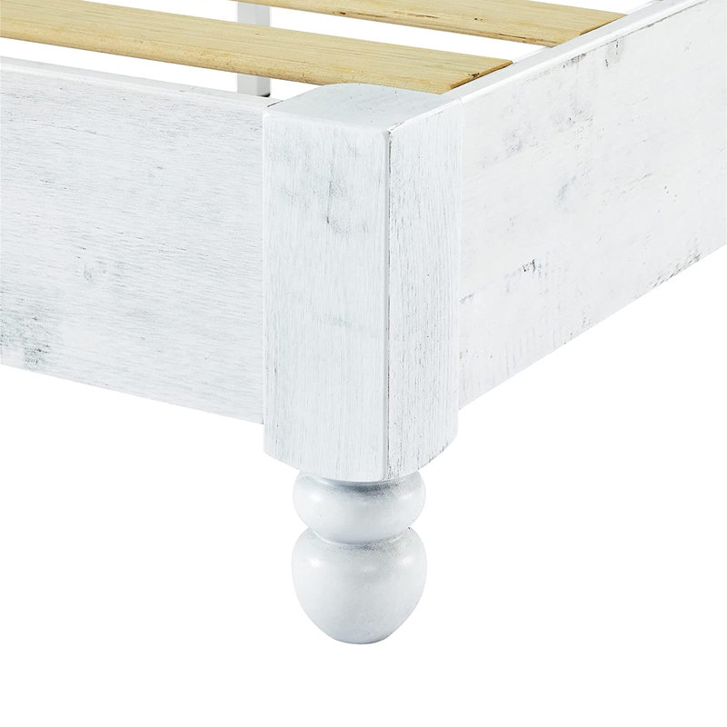 King-Sized Whitewashed Pine Wood Rustic Platform Bed with Upholstered Headboard