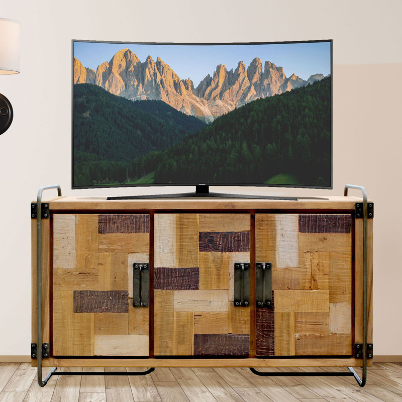 Handcrafted Rustic Teak Wood Media Console with Patterned Cabinet Doors