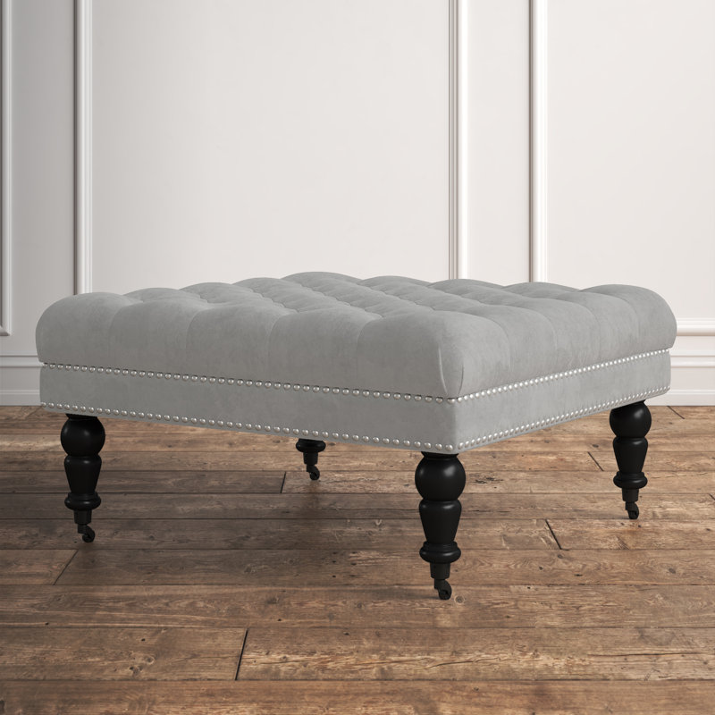 Isabelle 35" Gray Velvet Tufted Cocktail Ottoman with Nailhead Trim