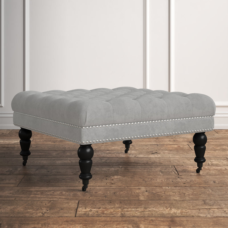 Isabelle 35" Gray Velvet Tufted Cocktail Ottoman with Nailhead Trim