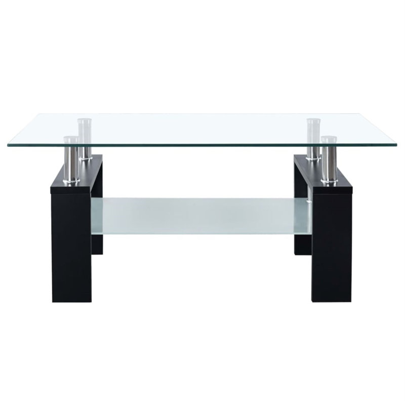 Black Rectangular Glass Coffee Table with Storage Shelf